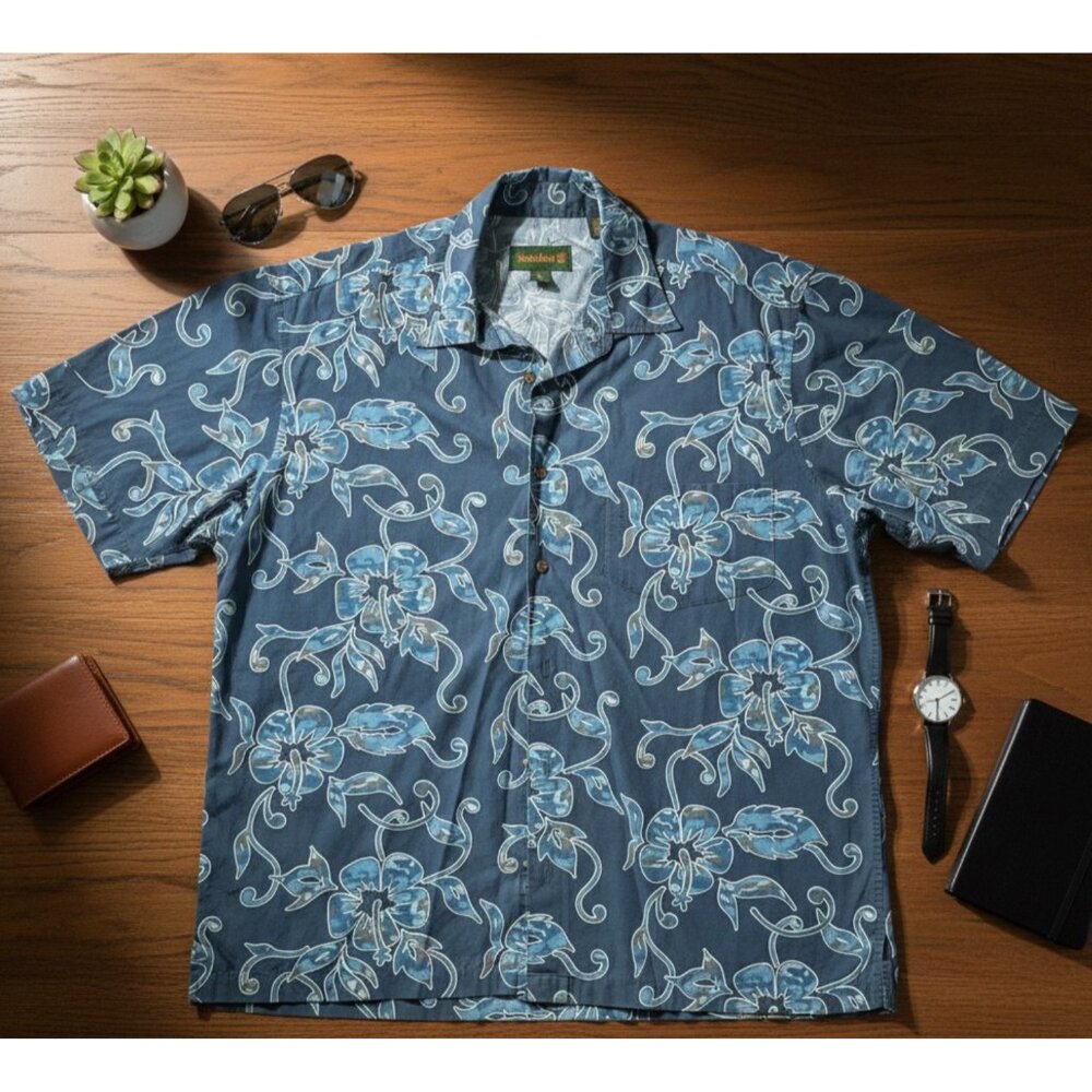 Timberland Mens Blue Floral Button-Up Short Sleeve Shirt 100% Cotton Size L Casu